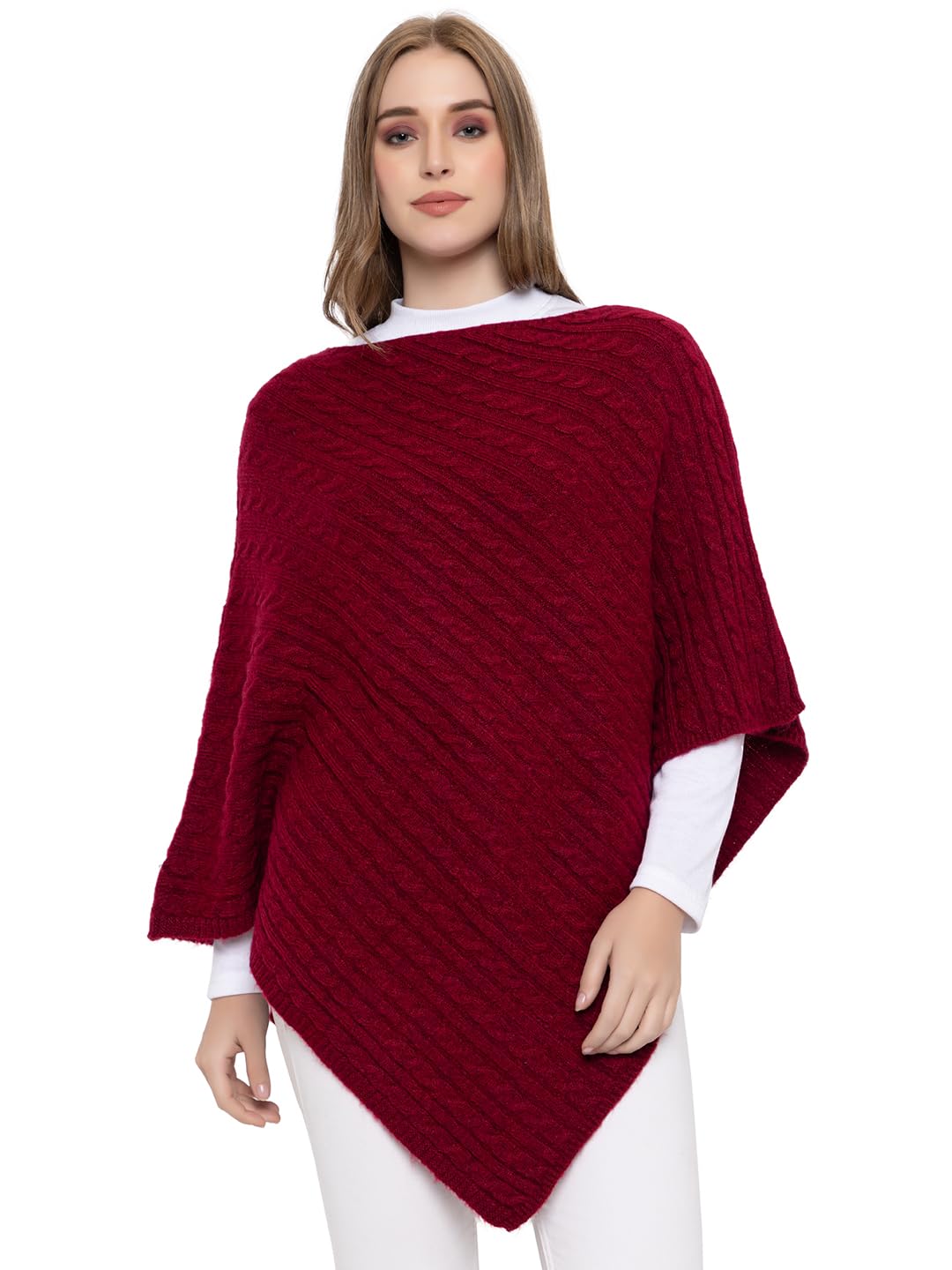 Girls Womens Acrylic Plain Solid Winter Wear Knitted Cardigan Poncho Magenta-image-32