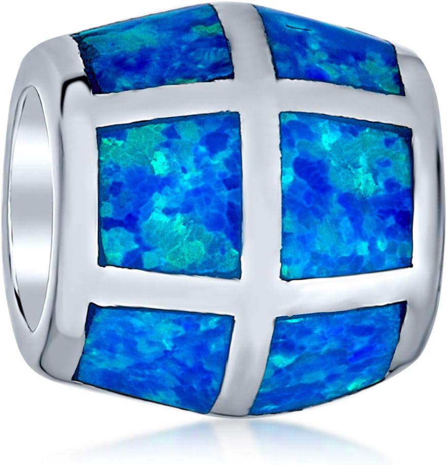 Bling Jewelry Aqua Created Blue Opal Inlay Barrel Charm Bead For Women For Teen .925 Sterling Silver Fits European Bracelet