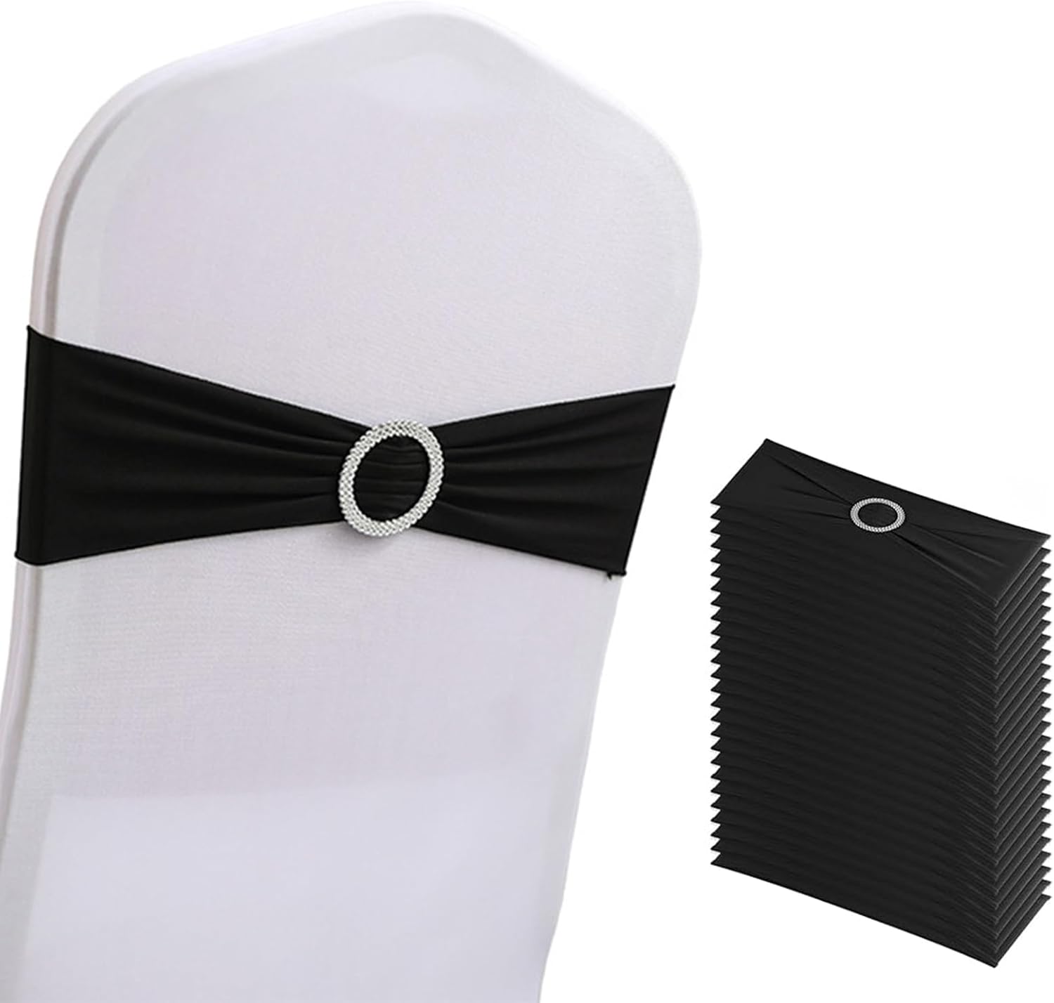Pack of 100 Spandex Chair Sashes Bow Premium Stretch Chair Cover Band with Buckle Slider Universal fits Elastic Dining Chair Ties for Wedding Party Banquet Events Decoration - Black