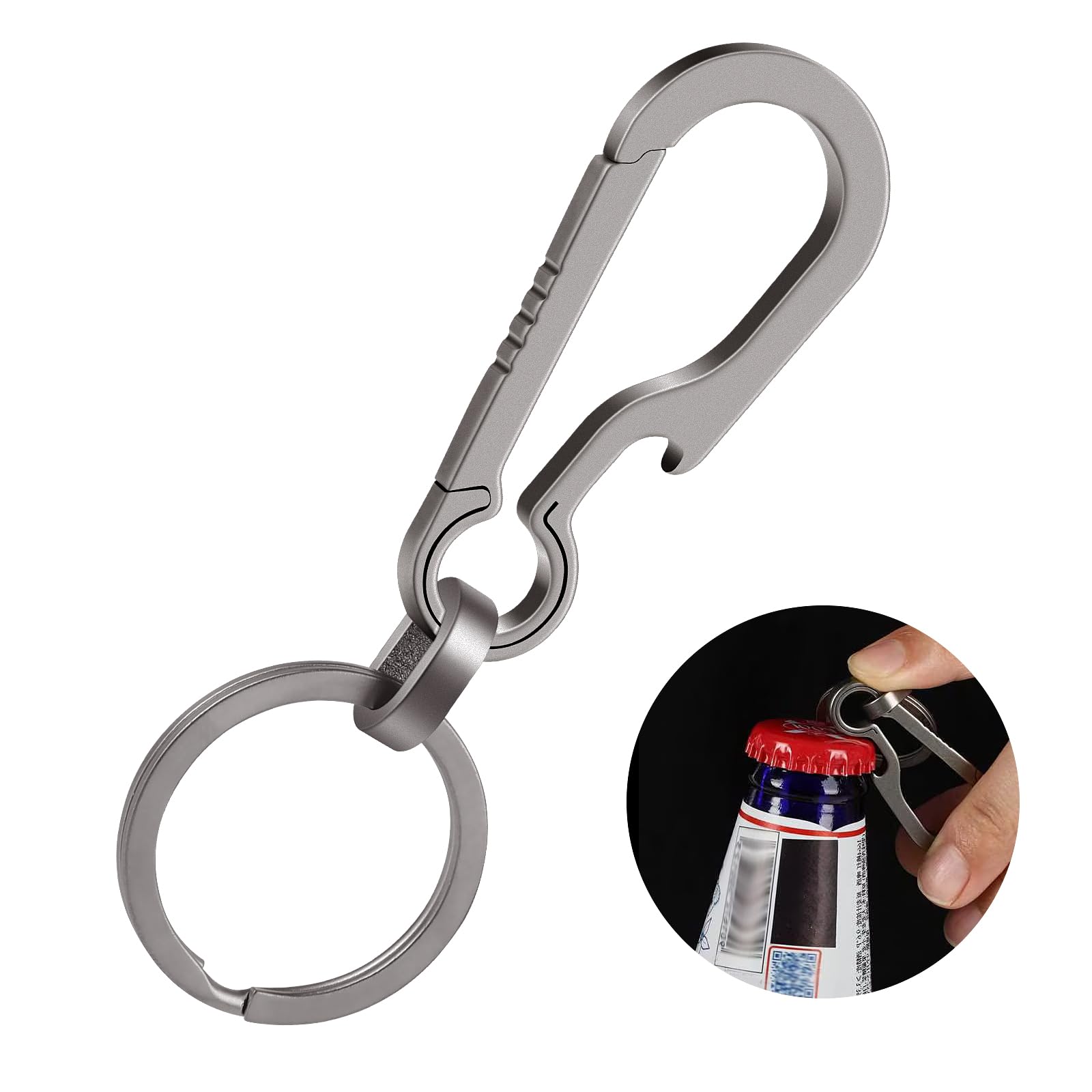 Ouligay Titanium Carabiner Keychain Clip Quick Release Bottle Opener Keychain EDC Key Holder Organizer Titanium Key Chain with Titanium Key Ring