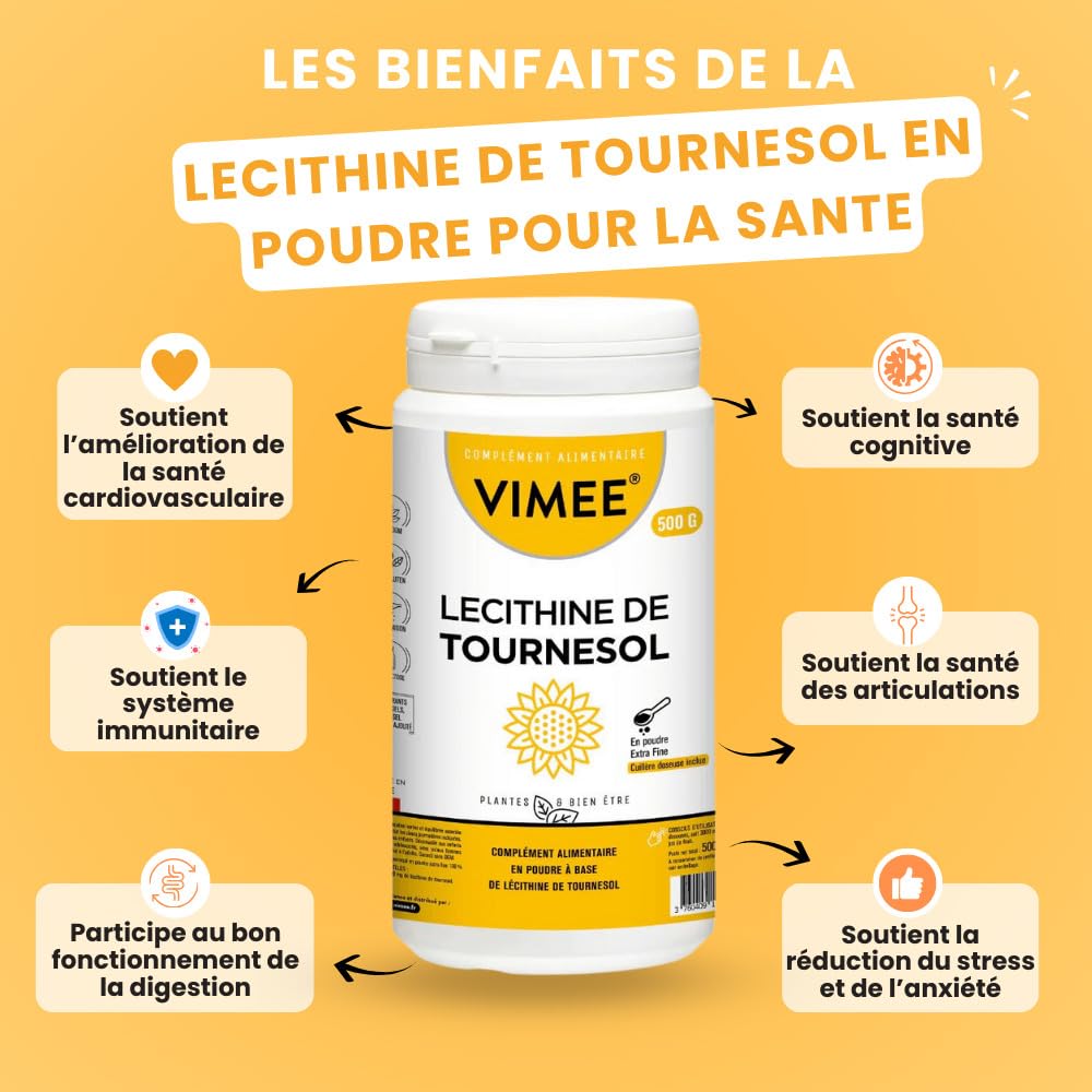 Lécithine de Tournesol en Poudre Vimee - Complément et Additif Alimentaire à Base de Phospholipides de Tournesol - Foie, Cerveau - 500 G - 500 Jours