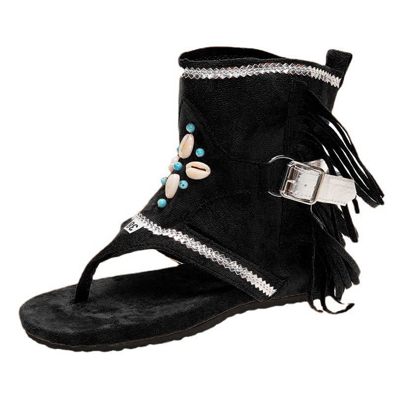 Boho Sandals for Women Roman Bead Gladiator Fringe Sandals Flat Clip Toe Ankle Boots Summer Suede Tassel Flip Flop Slippers