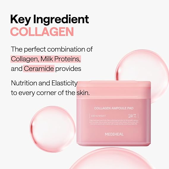 MEDIHEAL Toner Pads - Collagen Ampoule Toner Pad (100 count) with Ceramide - Skin Firming, Restore Elasticity, Deep Hydration - Tighten Wrinkles & Lines - Vegan Moisturizing Fabric, Korean Skin Care