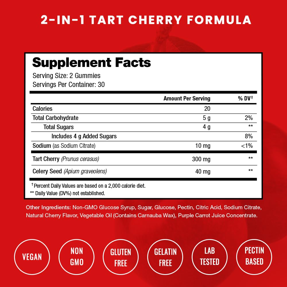 NutraChamps Tart Cherry Gummies with Celery Seed – Potent 10:1 Tart Cherry Extract – Vegan Gummies – 120 Count – Third Party Lab Tested, Vegan, Non-GMO — Amazon image 8