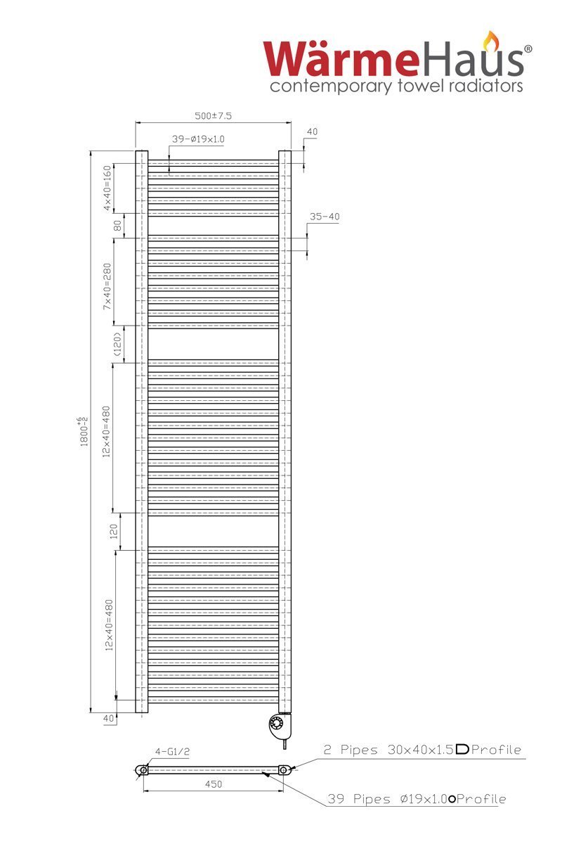 Buy WarmeHaus Thermostatic Electric Heated Bathroom Towel Rail Radiator 1800 x 500 mm 800W