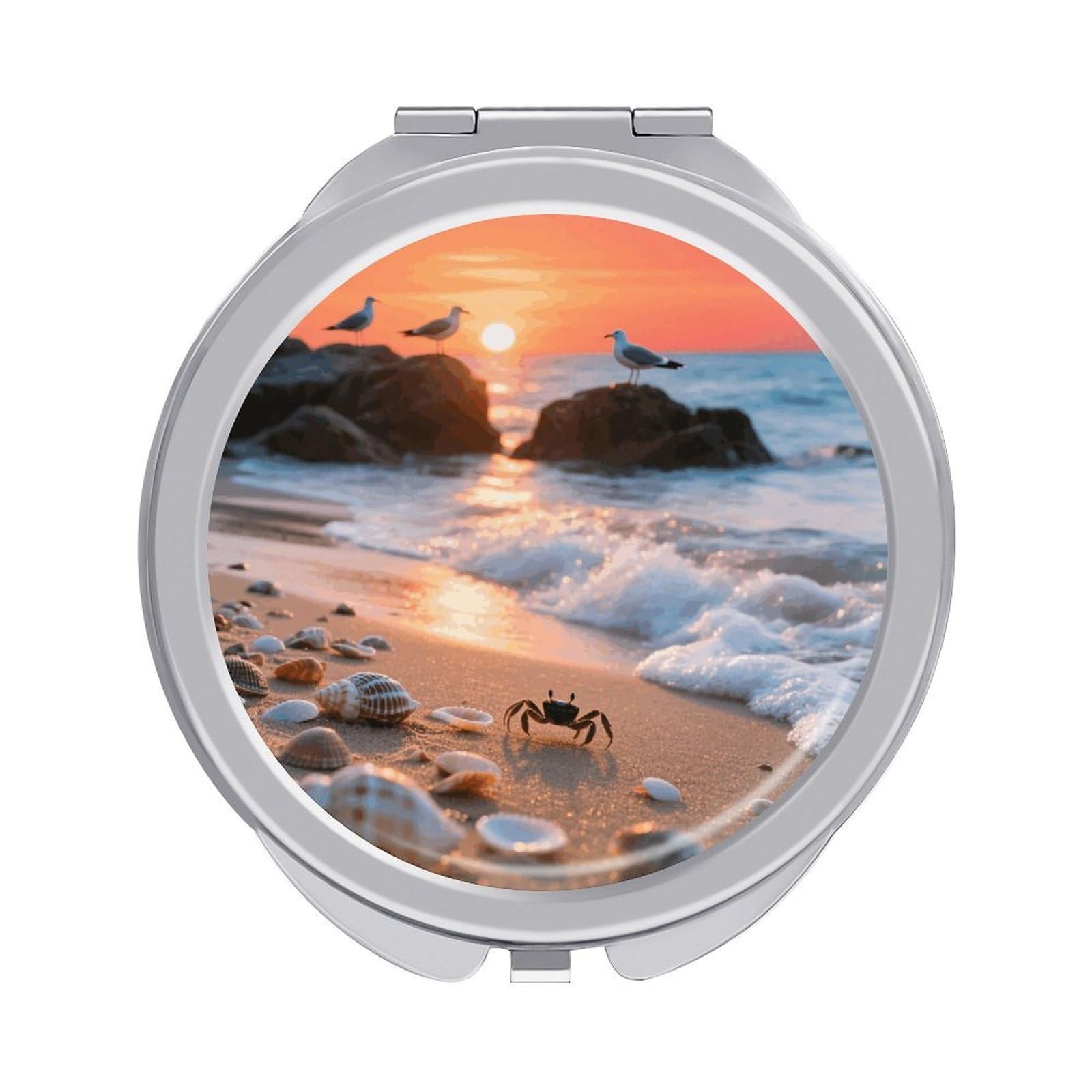 VstaDank Sea Beach Sunset Makeup Mirror Beautiful Compact Makeup Mirror Silver Mirrors Surface Folding Makeups Lightweight Travel Makeups Mirrors for Suitable Handbag and Purses