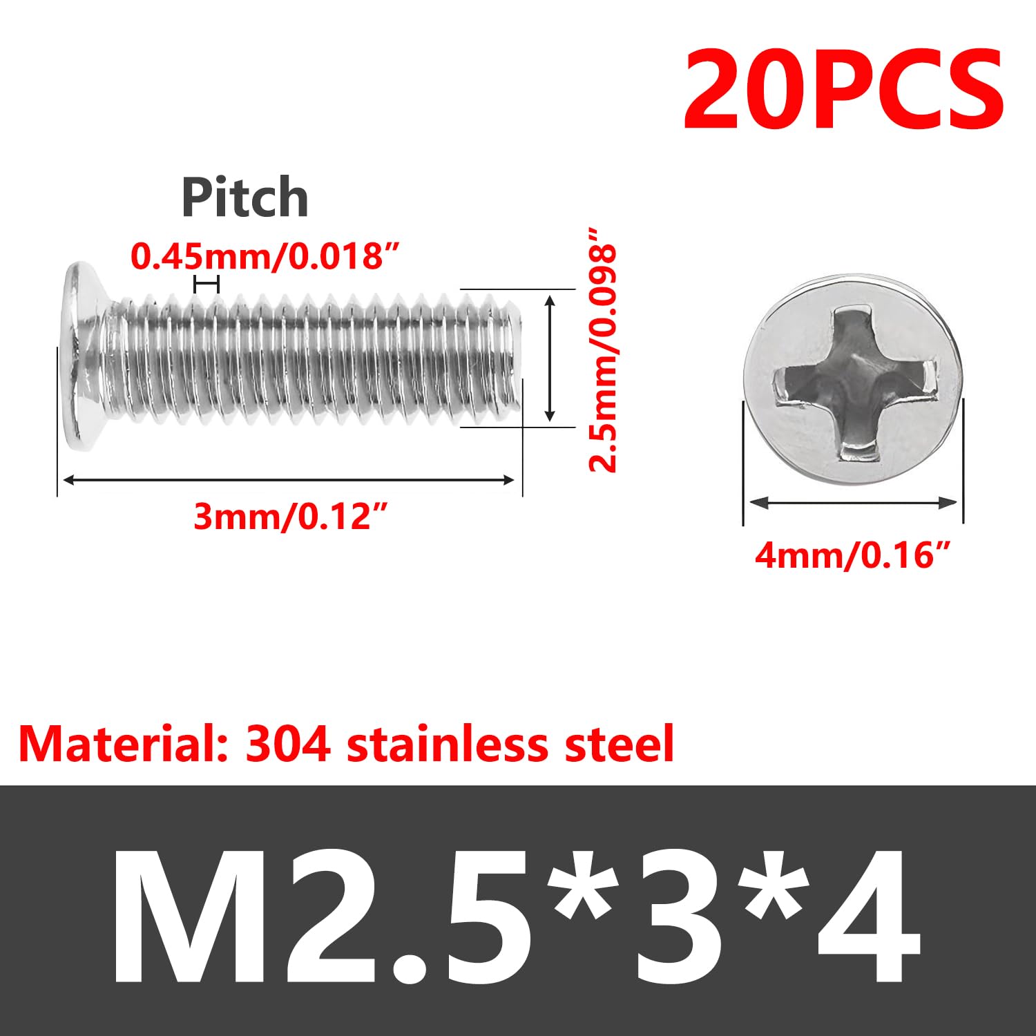 Qrity M2,5x3mm Vite a Testa Svasata, 20 Pezzi Piccole Viti Testa Phillips in Acciaio Inossidabile, Per Mobili, Macchina, Argento