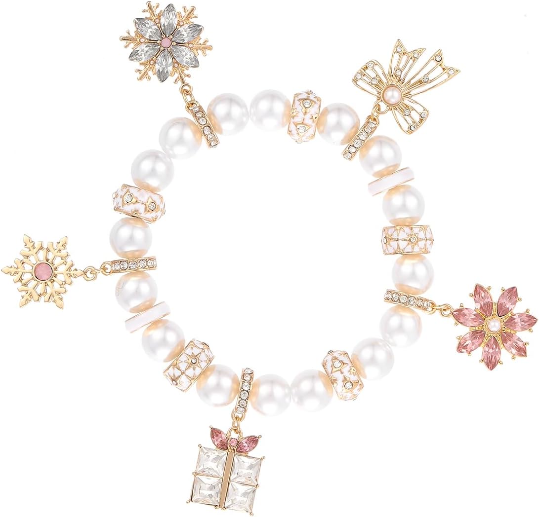 Madison Tyler Christmas Bracelet for Women | Xmas Adjustable Snake Chain Bracelet | Peppermint Candy Cane Gingerbread Man Bow Gloves Socks Charm Pearl Beaded Bracelet Holiday