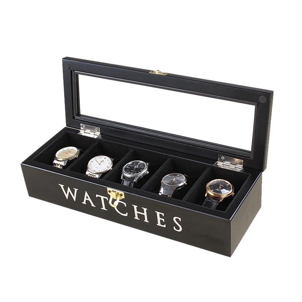 ANVLOJRIH Exquisite Wooden Watch Box - Display Stand/Box Set/Storage Box for Jewelry Watches - 5 Grids Watch Display Box With Glass Lid (Color : Black)