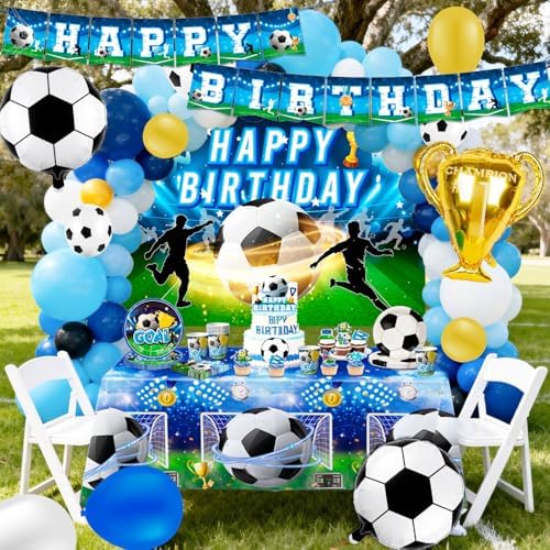 Soccer Birthday Party Decorations Supplies, 10 Guests Soccer Birthday Party Plates Banner Balloons Cake Topper Tablecloth etc — view 5
