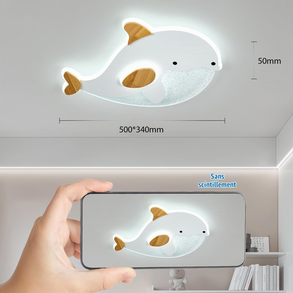 Plafonnier Chambre Enfant,Forme Dauphin Plafonnier Led Grain Blanc Et De Bois Cuisine Lampe,Dimmable Avec ContrôLe,28W Decoration Luminaires IntéRieur Pour Salon,50 * 34Cm