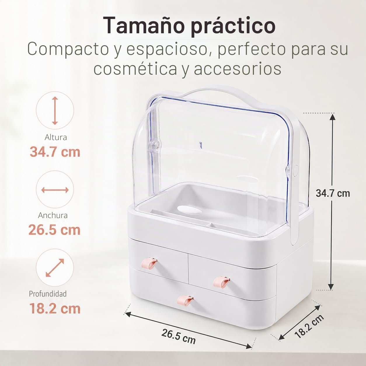 RMAN® Organizador de Maquillaje con Cajones y Tapa Transparente, Rosa | Giratoria 180º, Portátil con Asa de Transporte, Para Cosméticos y Perfumes, Para Tocador, Baño, Dormitorio