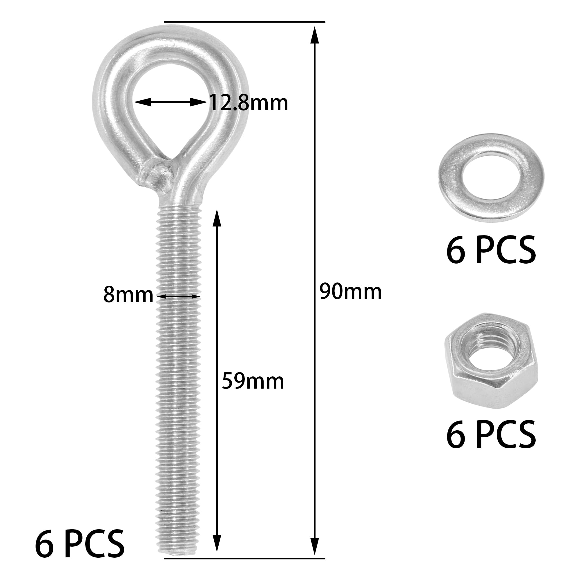 6 Pieces Closed Eye Bolts with Long Handles - Heavy-Duty 304 Stainless Steel Eyebolt Set (M8) - Image 4