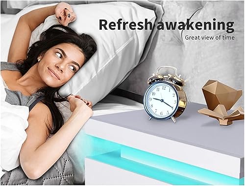 Miniatura 4 de Mesita de noche de alto brillo con luz LED RGB, moderna 2 cajones laterales, mesita de noche, mueble de dormitorio (negro/blanco) (Color blanco)