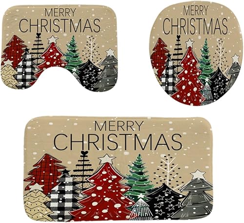 Wencal Juego de alfombra de baño de camión vintage de Feliz Navidad, diseño de árbol de invierno, muñeco de nieve, rústico, retro, decoración de baño