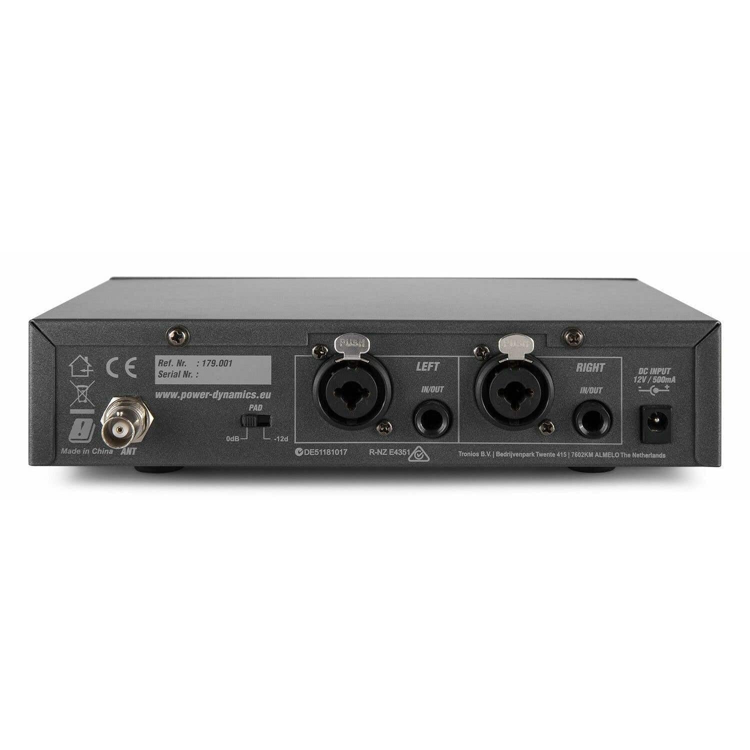 Power Dynamics PD800 Sistema de monitorización In-Ear UHF | Sistema In-Ear UHF, 20 canales, alcance hasta 80 m, incluye transmisor y receptor