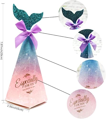 50 cajas de fiesta de sirena, bolsas de regalo de sirena con calcomanías de agradecimiento para niños, cumpleaños, baby shower, bajo el mar,