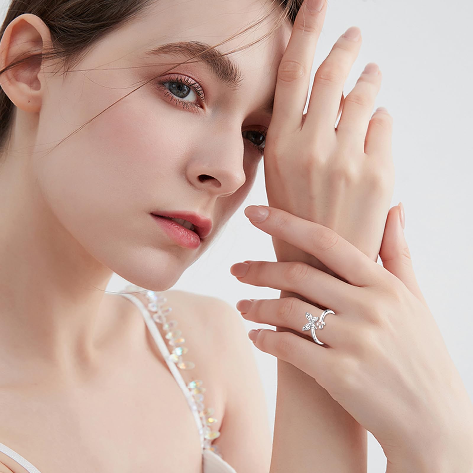 ONEFINITY Anello a forma di farfalla, in argento Sterling 925, con farfalla, regolabile, per donne, Nessuna pietra preziosa
