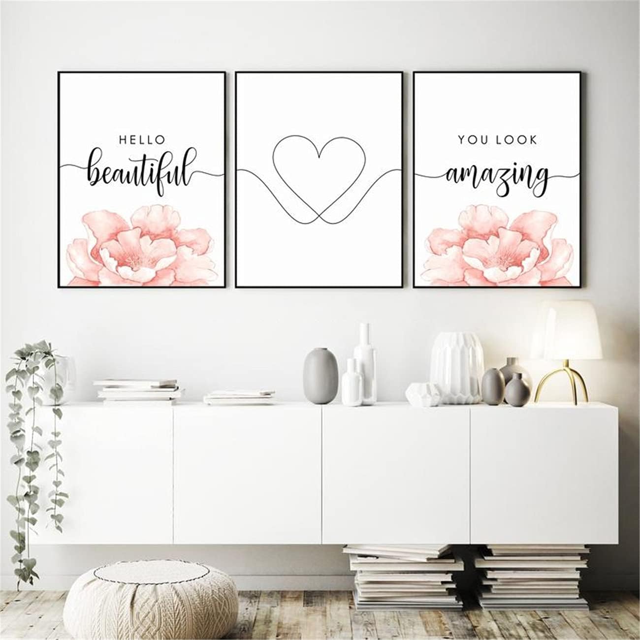 NATVVA 3 Pieces Hello Gorgeous Wall Art Canvas Prints You Look Amazing Poster Painting Fashion Pictures for Makeup Beauty Girls Bedroom Decor with Wooden Inner Frame