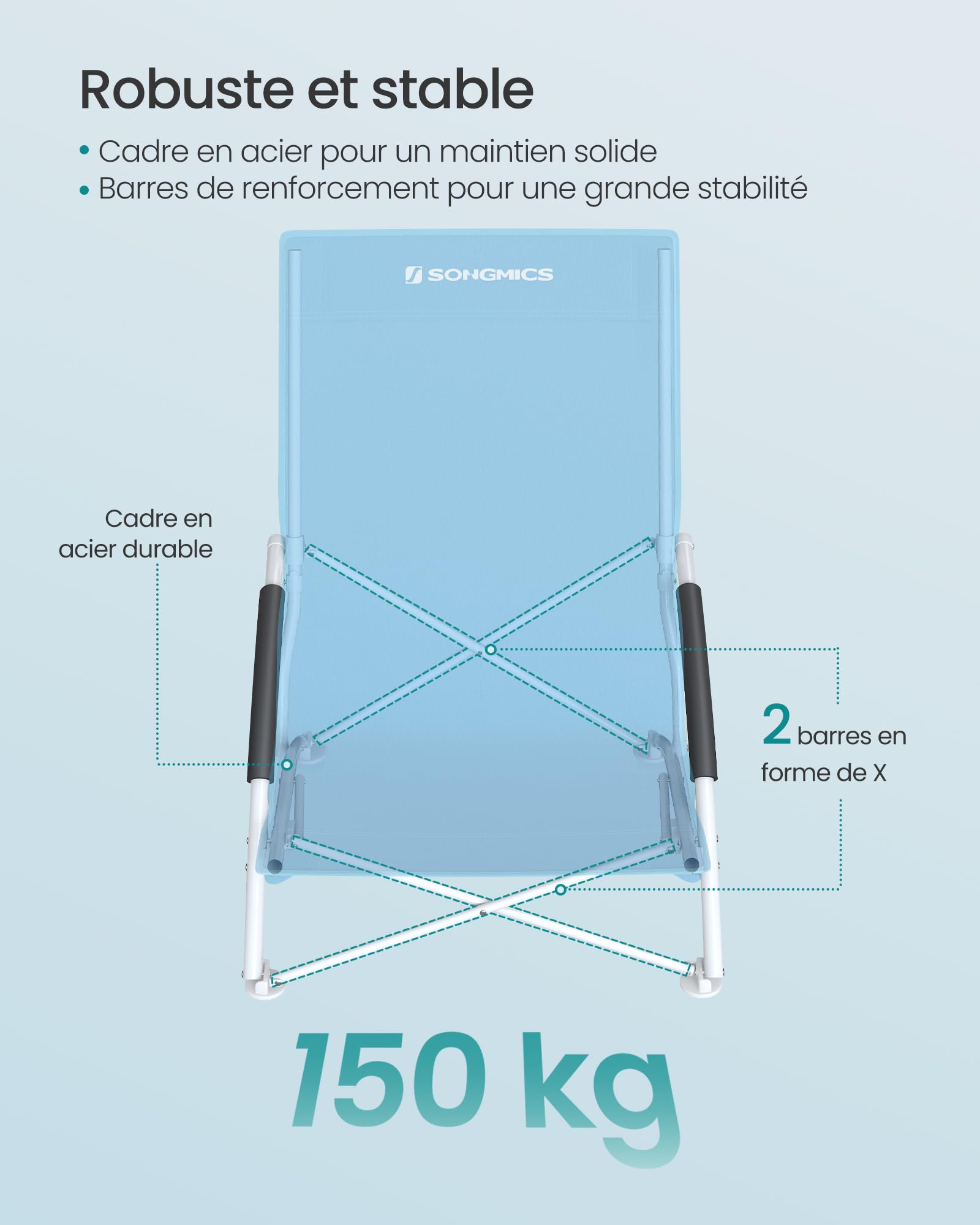 SONGMICS Chaise de Plage Pliante Portable Dossier Haut Grande Capacité de Charge Bleu Clair GCB61BU