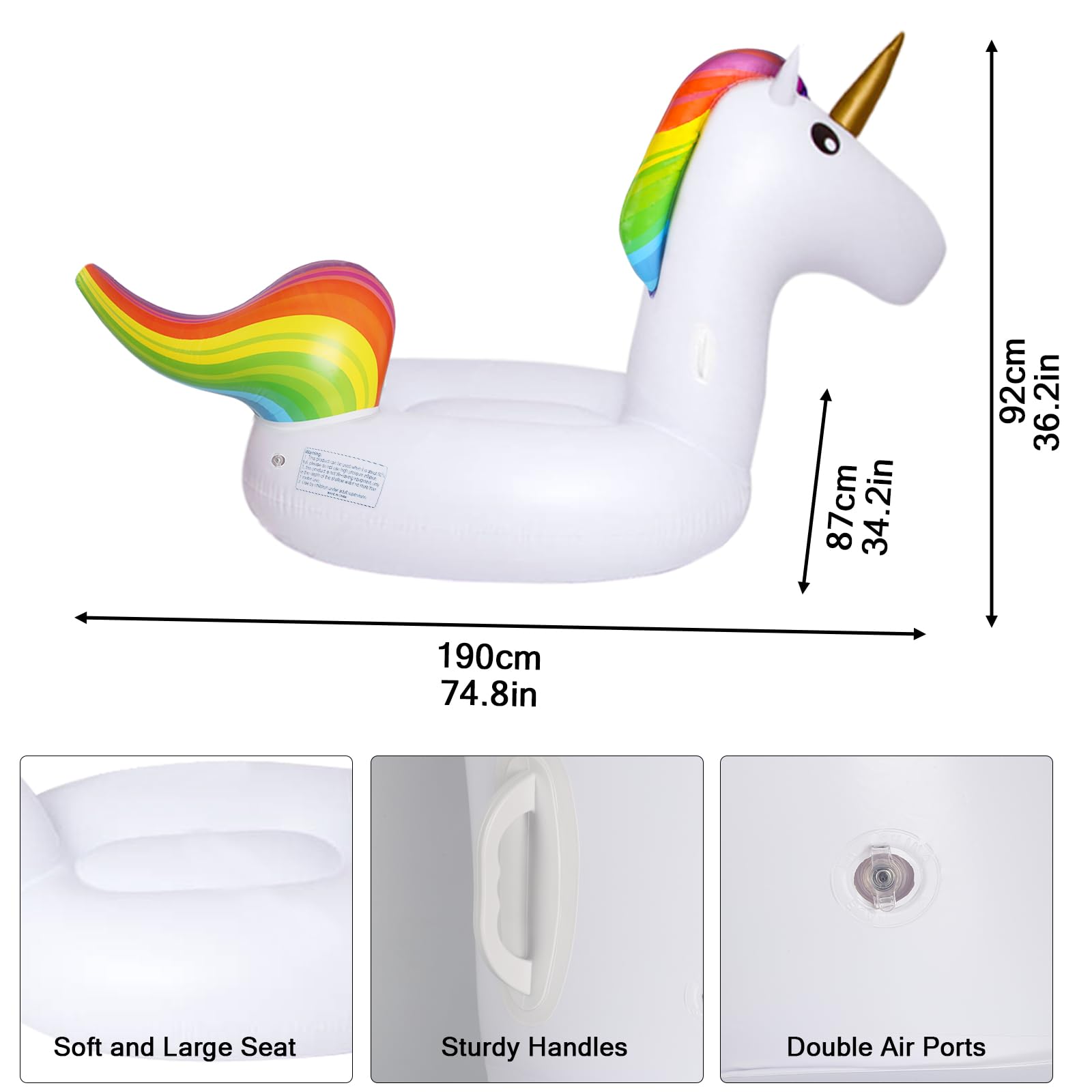 190x92cm Einhorn Schwimmring Erwachsene, Schwimmreifen Einhorn aufblasbare mit Glitzer, Schwimmtier Groß, aufblasbarer Pool Ring, Schwimmring Wasserspielzeug für Pool Party Sommer Strand
