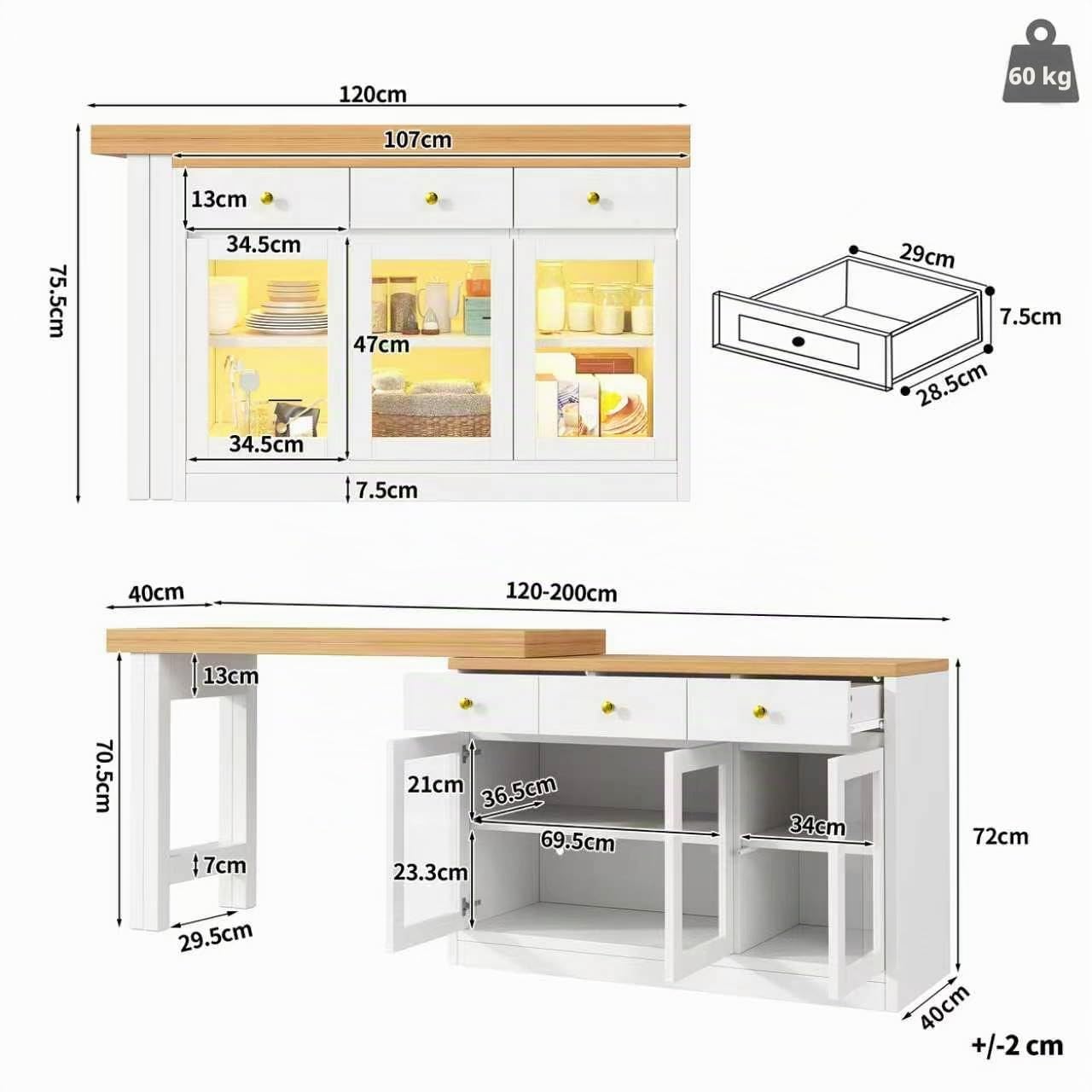 Tavolo da pranzo telescopico 120-200 cm, Isola cucina con illuminazione a LED, Tavolo da bar con 3 cassetti e ante in vetro, controllo tramite app, Bianco