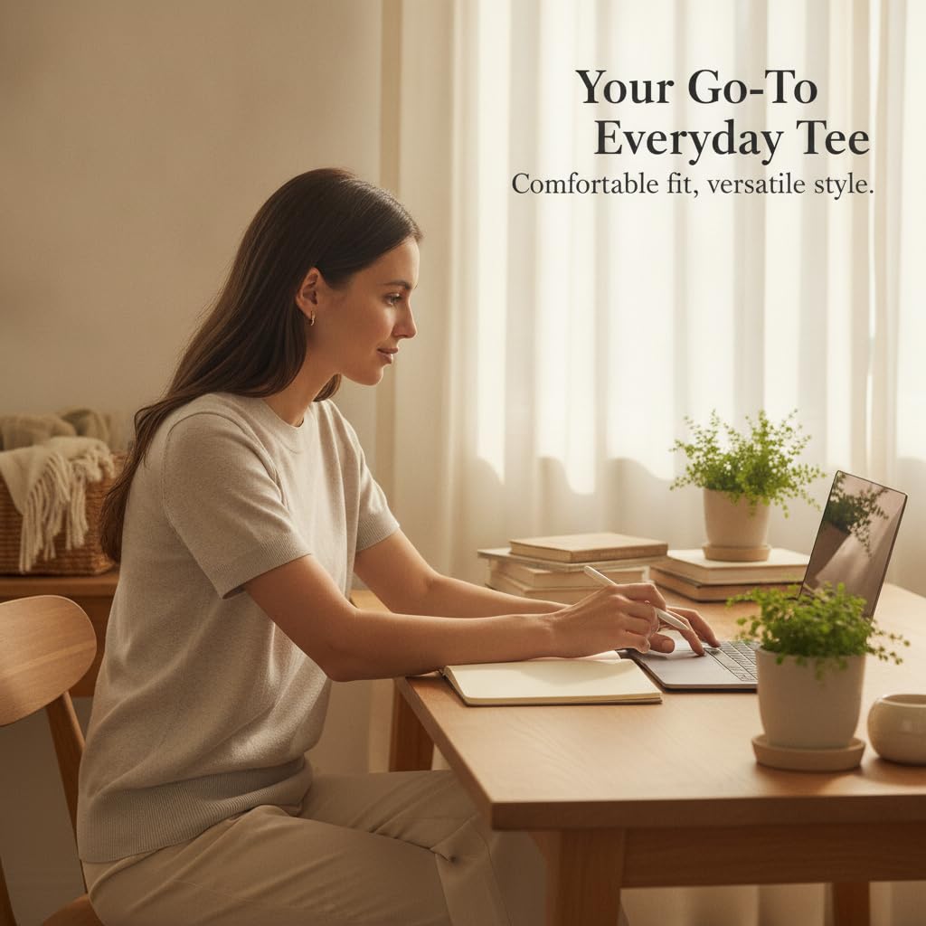 Camiseta Mujer Algodón con Ajuste lgado y Cuello Redondo Tejido Suave y Fresco Que Disimula Imperfecciones Acuado para el Uso y Reuniones Semicasuales Durante el Otoño.