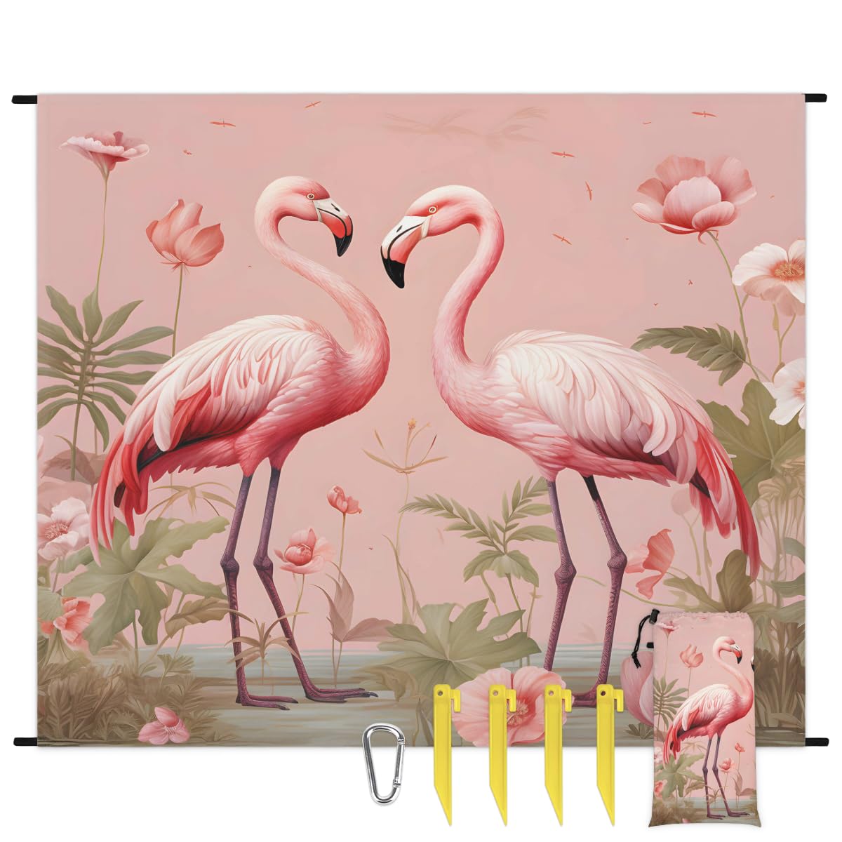 Eabrults Waterproof Sandproof Beach Blanket, 59''×68'' Flamingo Polyester Outdoor Picnic Blanket with 4 Stakes & Storage Bag for Beach,Camping,Vacation Pink