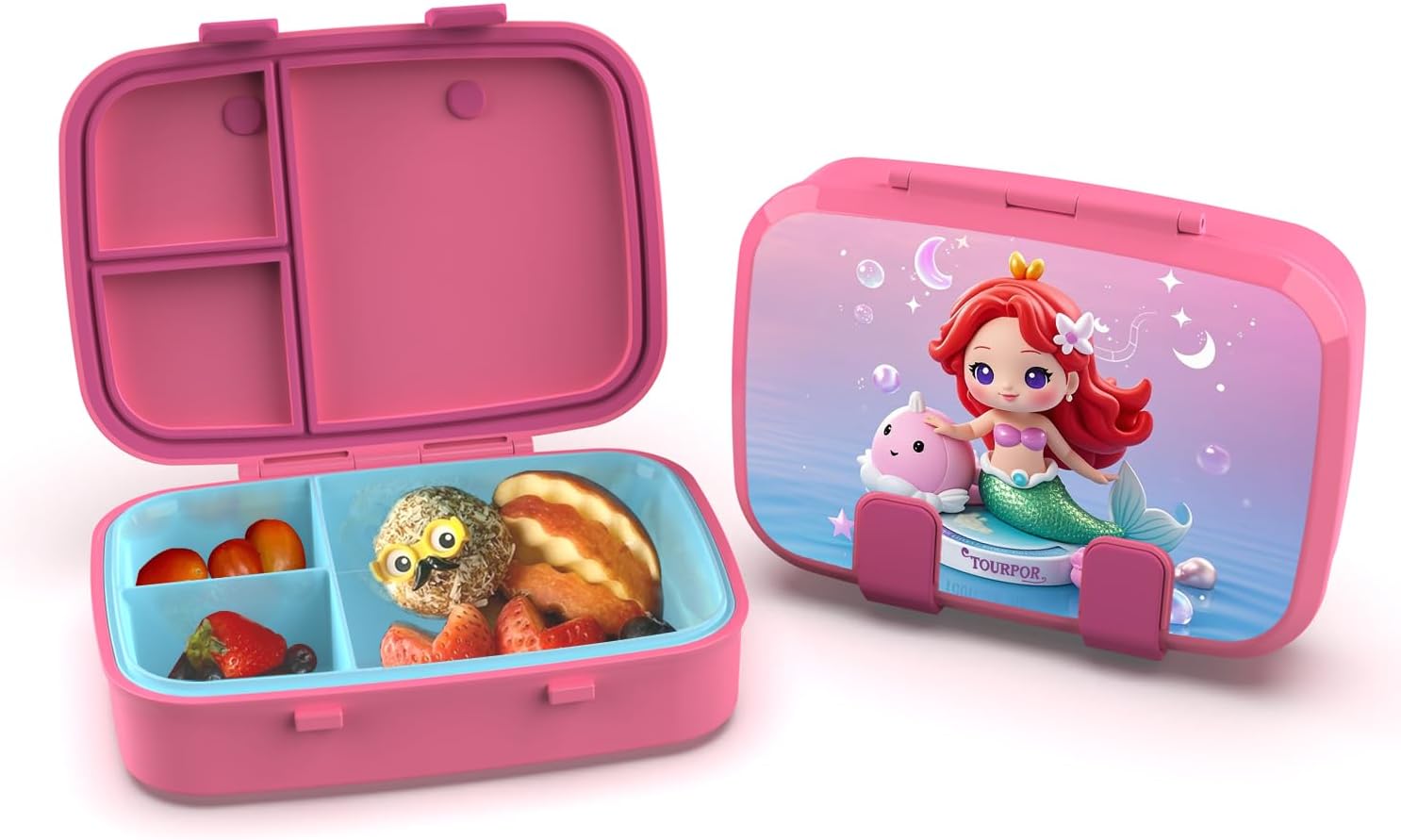 Kids Bento Box 800ml, 3-Compartment Leakproof Lunch Container for School & Travel, BPA-Free Lunch Box Microwave & Dishwasher Safe, Eco-Friendly Food Storage (Mermaid)