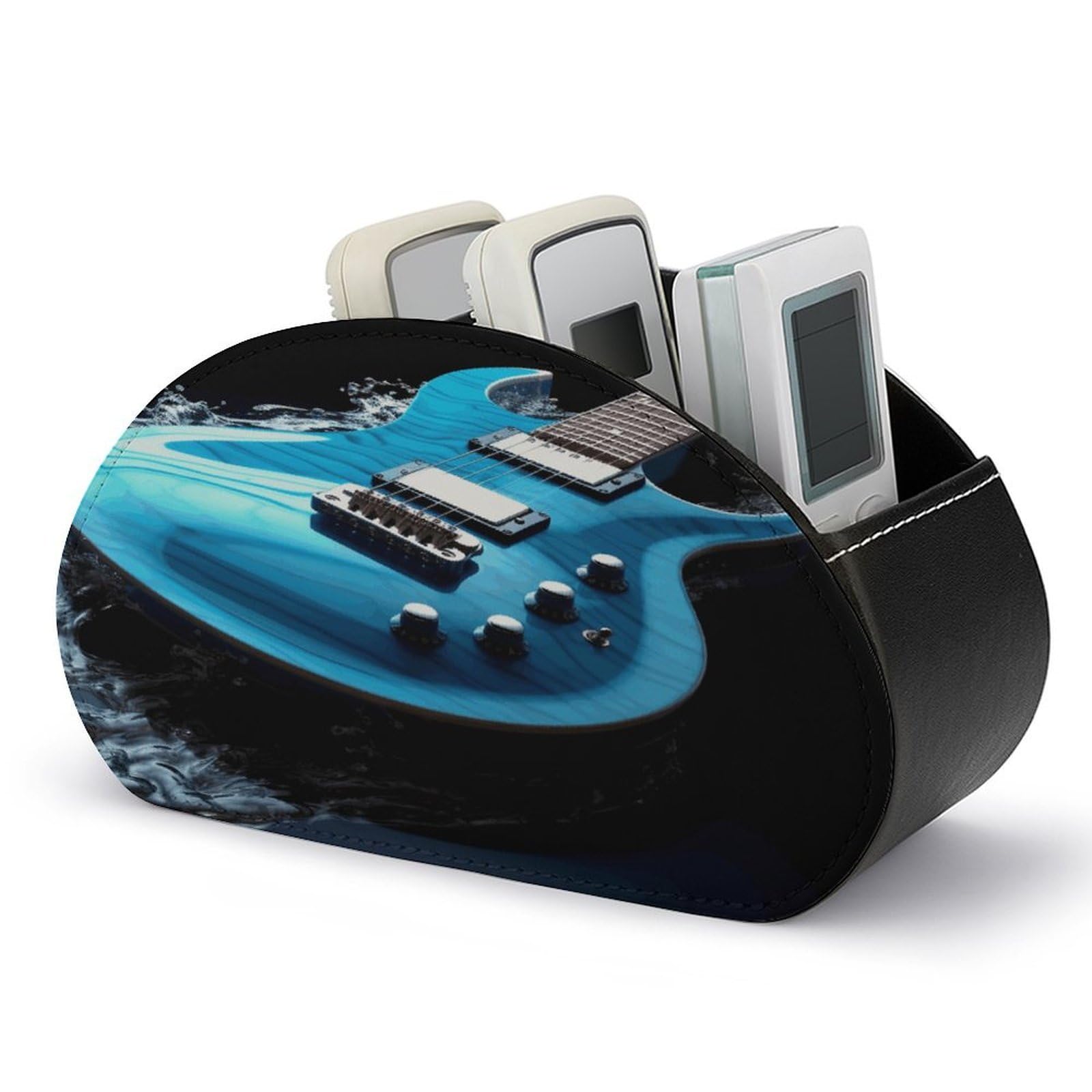 VstaDank Blue Guitar Remote Control Holder with 5 Compartments PU Leather Remote Caddy Desktop Organizer Store TV Remote Control Storage Box for Home Office Desk Nightstand