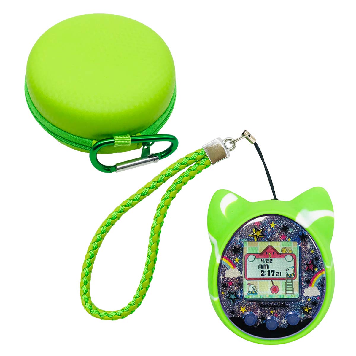 Hard Carrying Case and Protective Silicone Cover for Tamagotchi On Virtual Interactive Pet Game Machine (Green)