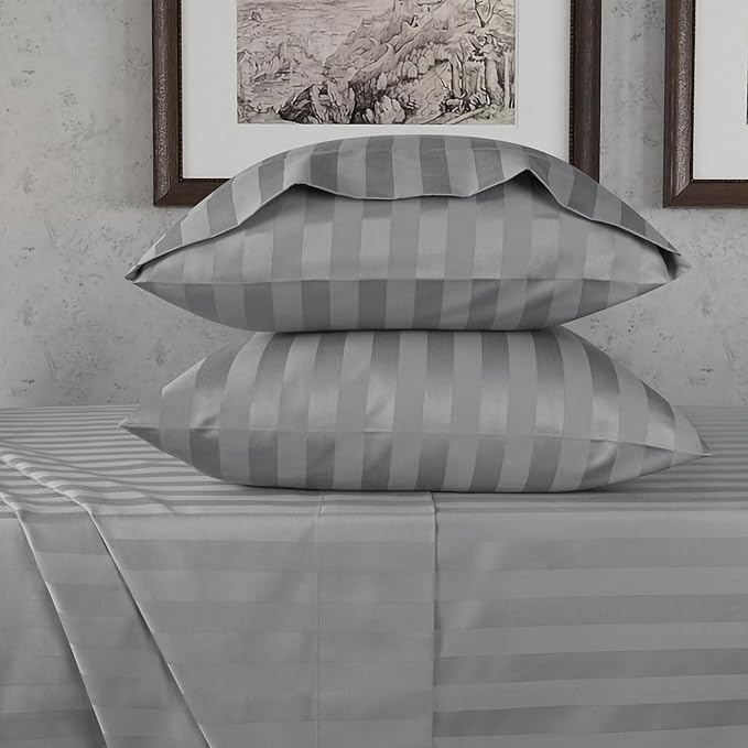 URBANHUT 800 Thread Count Egyptian Cotton Damask Striped King Size Sheets Set (4 Pc) - Ultra Soft & Smooth, Sateen Weave King Size Bed Sheets, Luxury Hotel Sheets with 16" Deep Pocket - Dark Grey