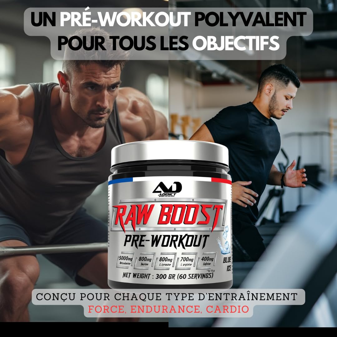 Addict sport nutrition - Pre workout raw boost 300g - Booster de pré-entraînement avec Bêta-Alanine, Taurine, L-Tyrosine, Caféine 200mg - Énergie pour l'entrainement (300 Gr, Framboise - citron)