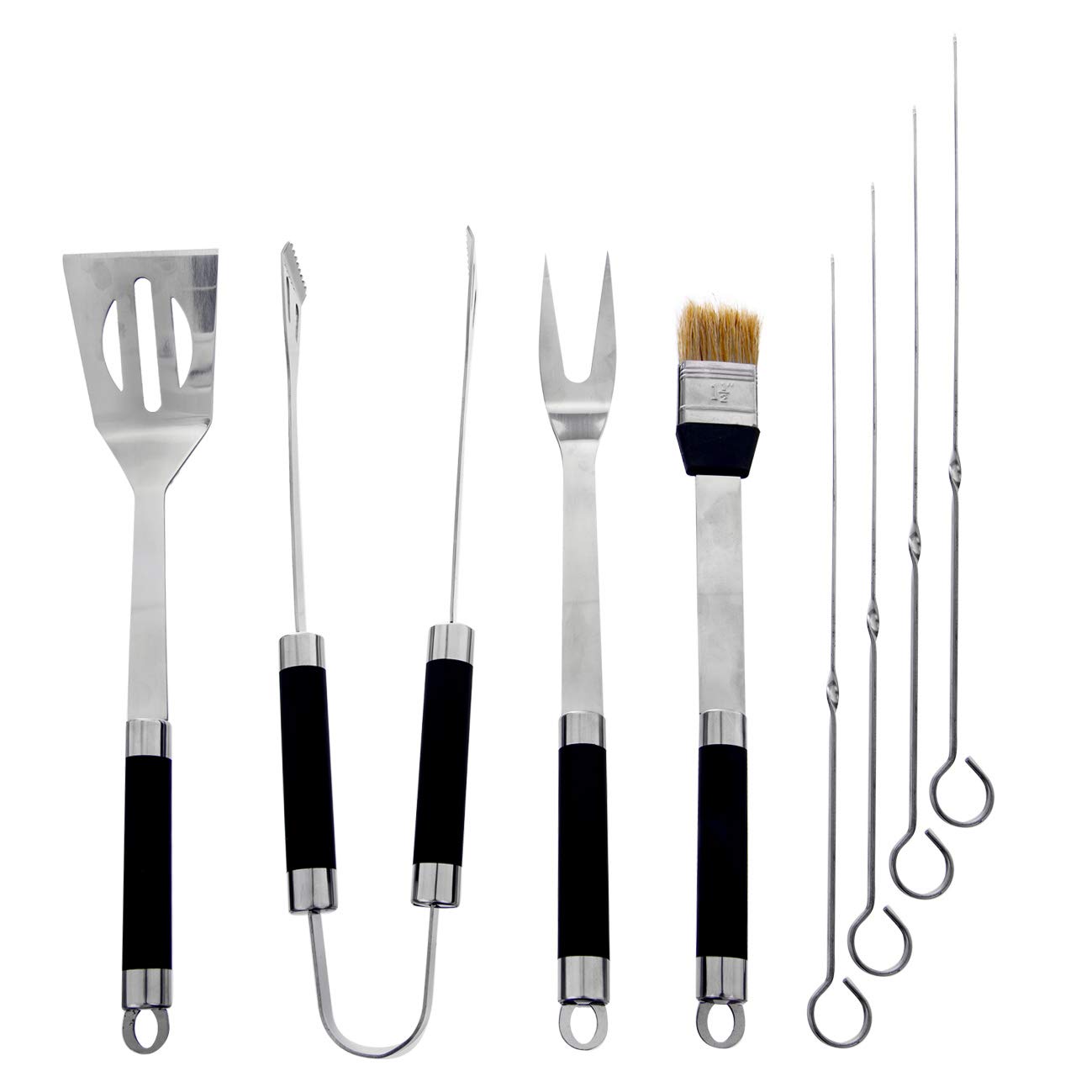Orion Group - Juego de utensilios para barbacoa (8 piezas, pinzas, espátula para barbacoa, tenedor de carne, cepillo para barbacoa y brochetas dobles, 4 unidades, con maletín de asas largas)