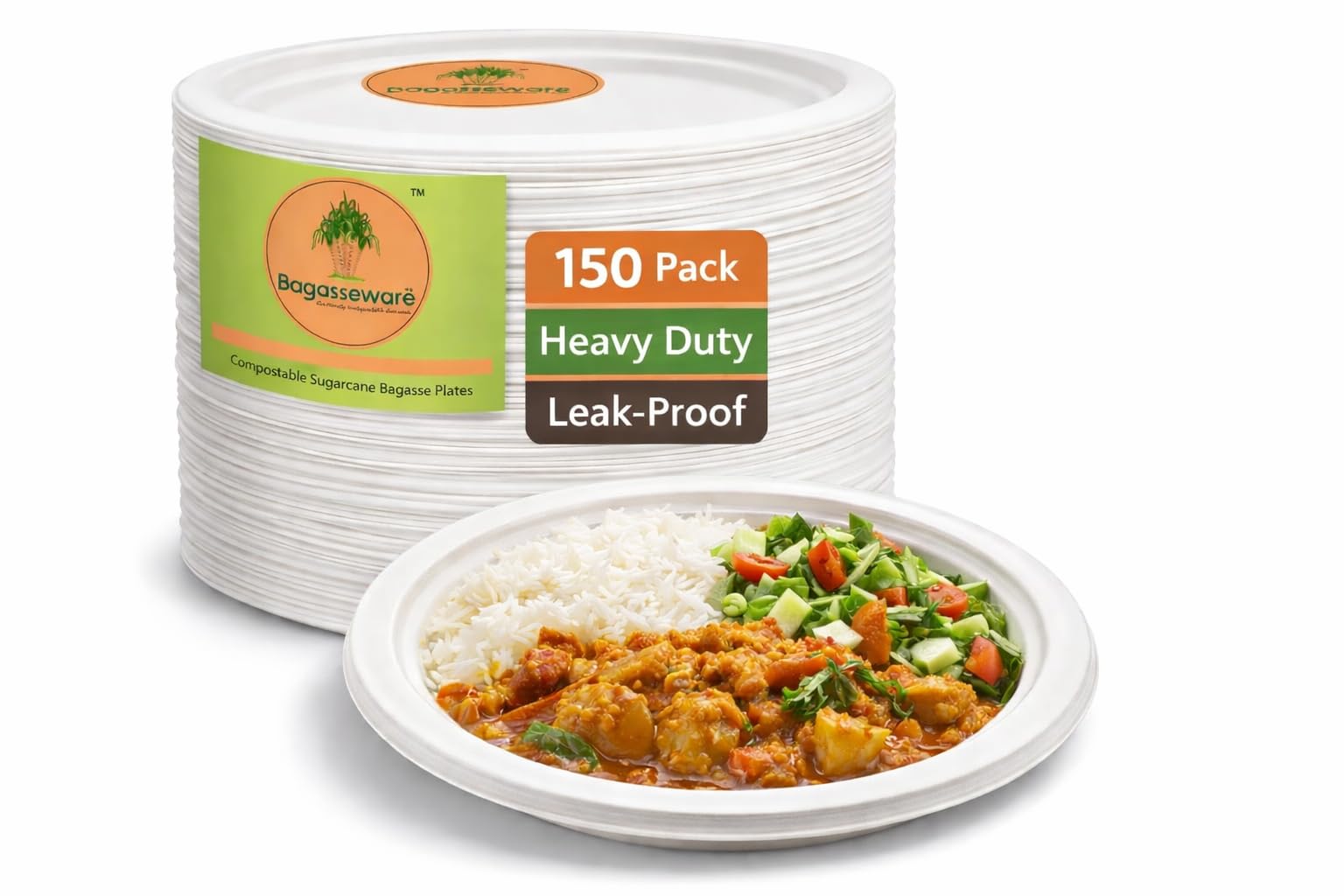 Platos compostables redondos de 25,4 cm, 150 unidades, 3 veces más fuerte*, aptos para microondas y congelador, a prueba de remojo, biodegradables y desechables