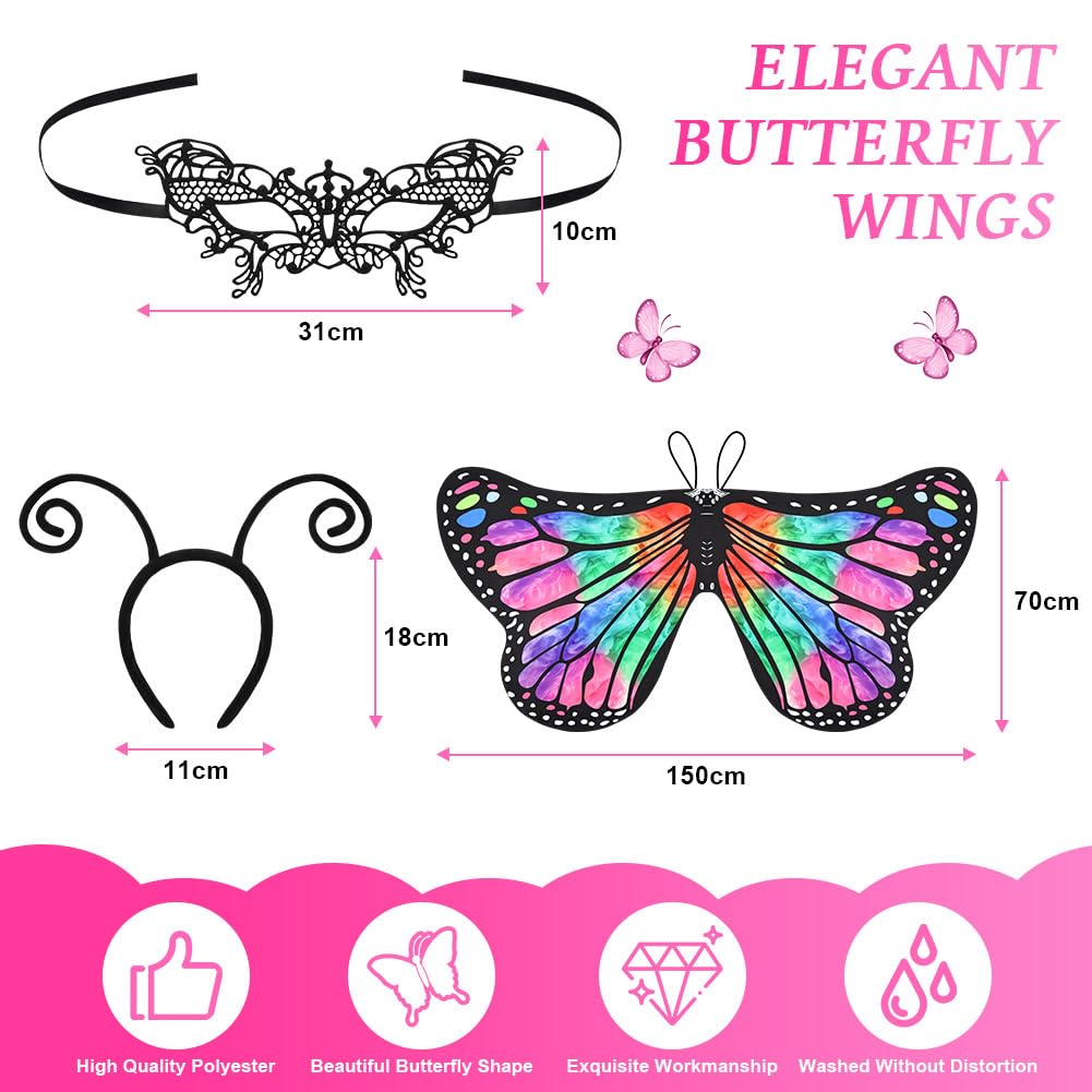 Aomig Womens Butterfly Wings Costume, Gradient Rose Red Green Butterfly Shawl Wings with Mask - Image 2