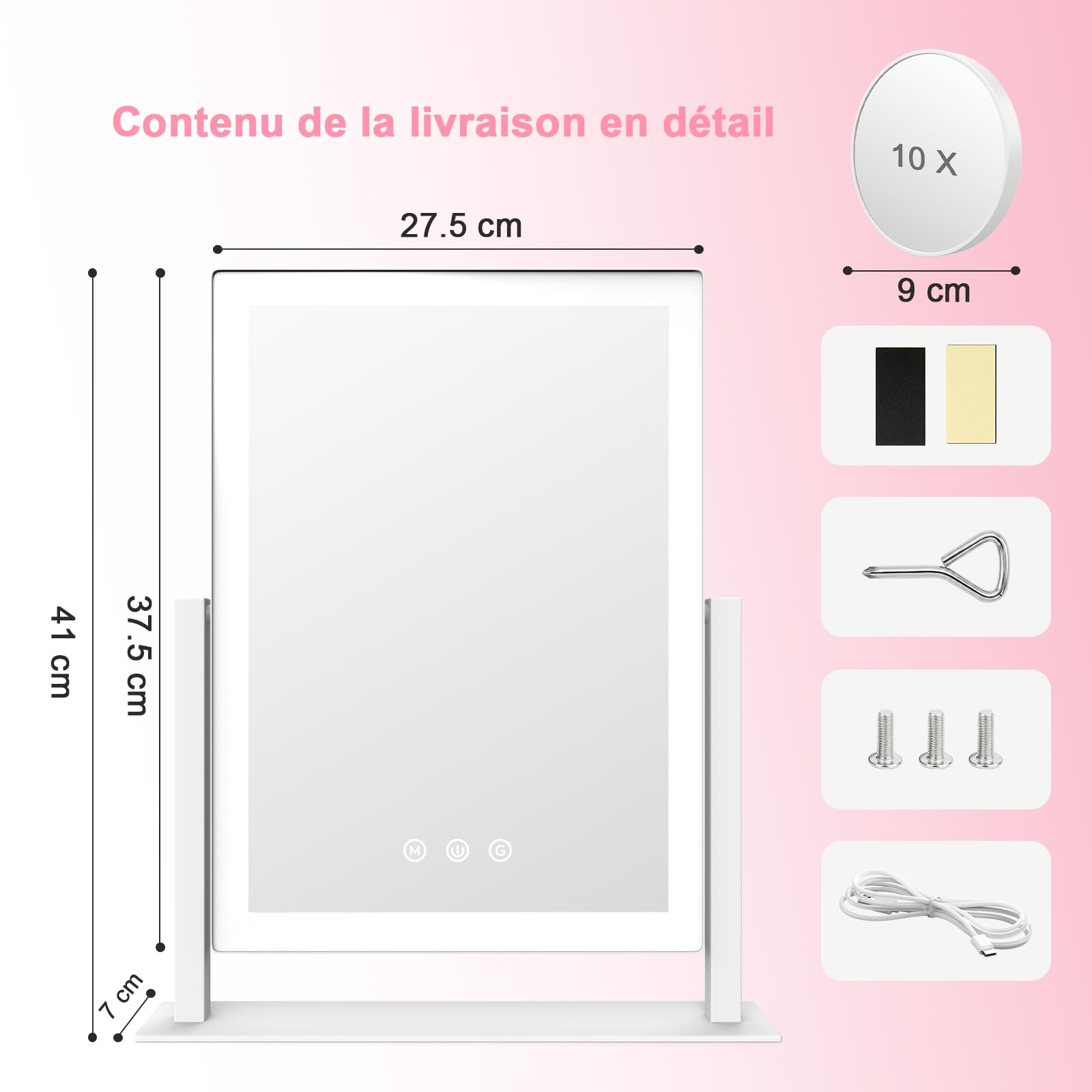 AIMAX Miroir Coiffeuse de Maquillage Lumineux, 27,5 x 37,5 cm, Rotation à 360°, Miroir cosmétique avec LED, 3 Modes d'éclairage et intensité Variable, contrôle Tactile, Miroir de Table pour Coiffeuse