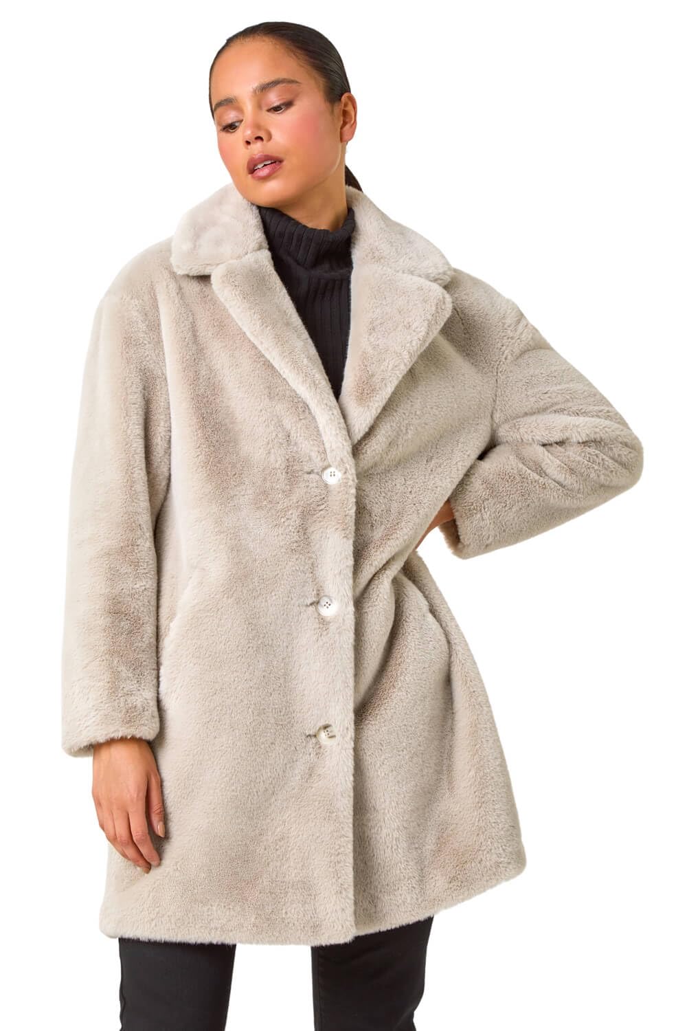 Roman Women's Stone Petite Longline Pocket Fur Coat In Size 16