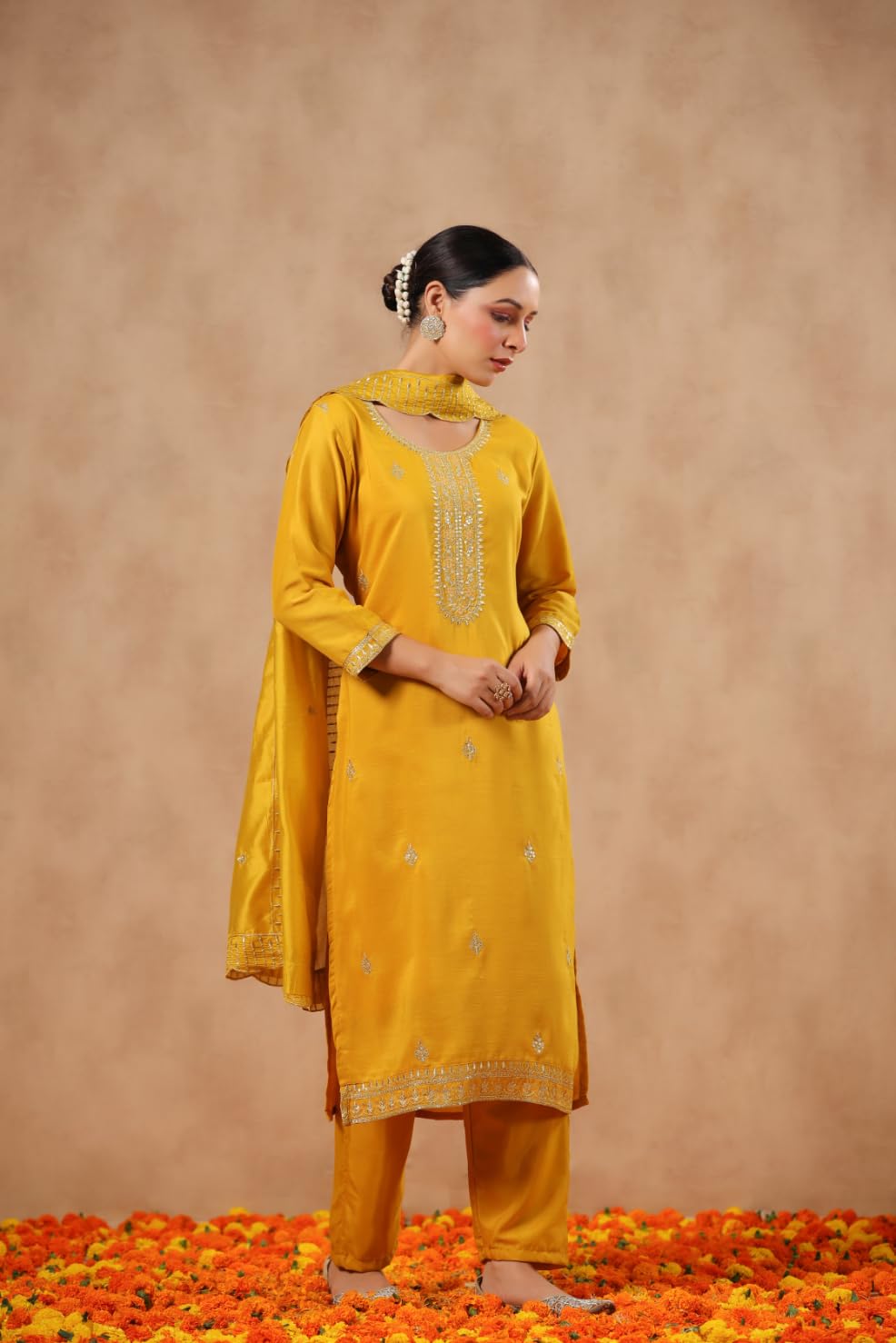 ishin Set da donna in poliestere seta etnica Zari senape dritto kurta con pantaloni e Dupatta