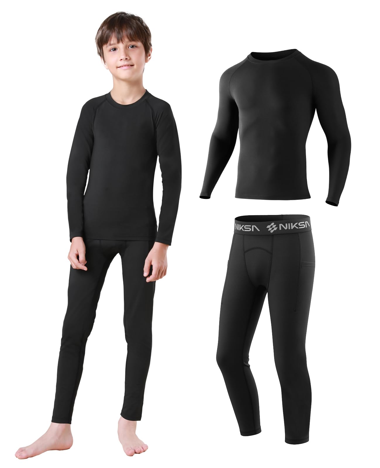 Niksa Thermounterwäsche Set für Jungen 5-12J - Extra Warme Ski & Sportunterwäsche, Hochatmungsaktiv als Basis für Fußball, Wandern & Radfahren,4 Jahreszeiten Funktionswäsche