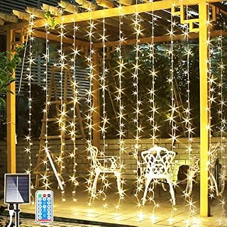 Joycome Solar Curtain Lights 3m x 3m 300 LED Outdoor Garden Solar Waterfall Fairy Lights with Remote, 8 Modes Waterproof Curtain Fairy Lights for Gazebo Pergola Wedding Party Decorations - Warm White