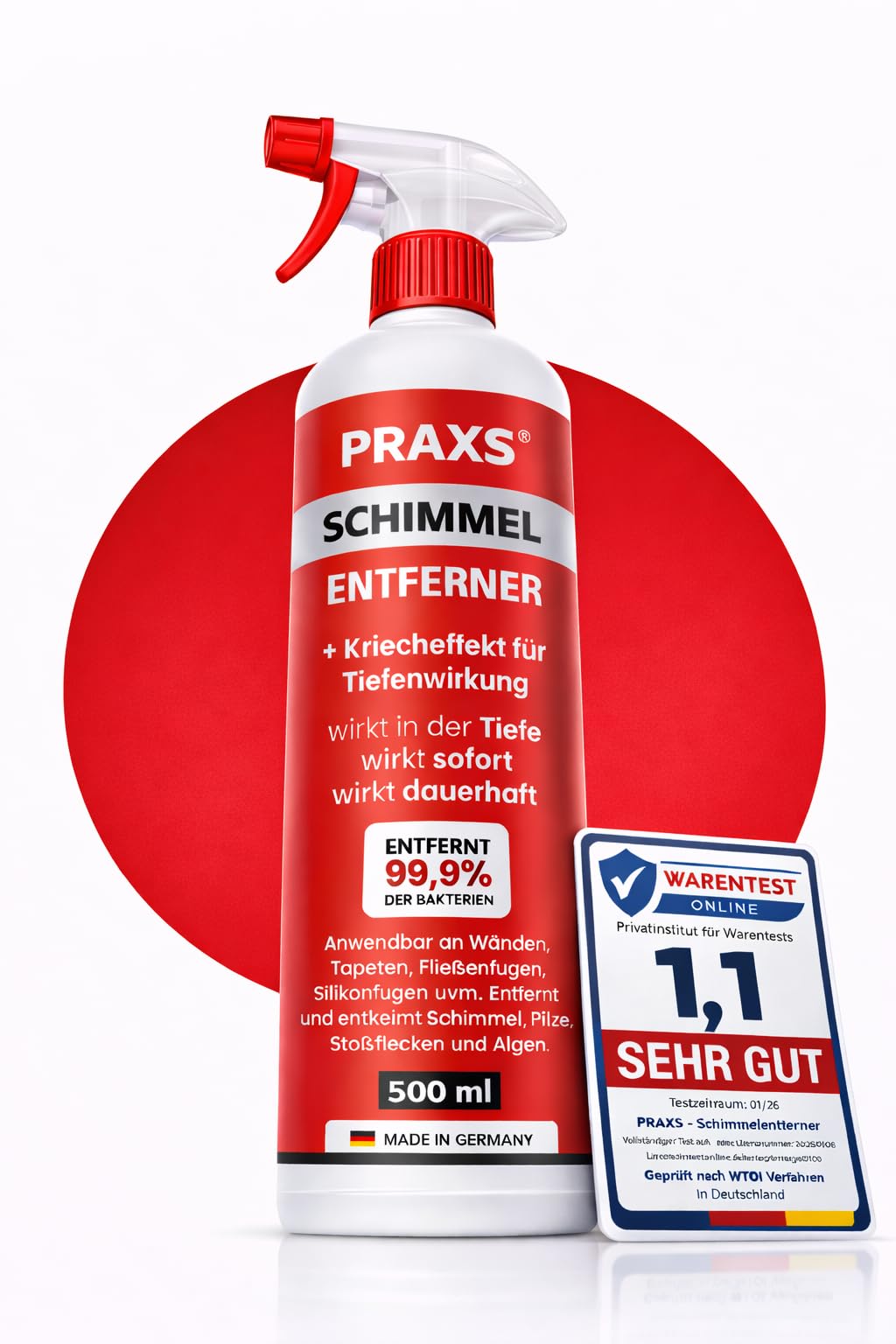 PRAXS® Profi Schimmelentferner mit Kriecheffekt 500 ml |Anti Schimmel Spray mit 2,4% Aktiv-Chlor für Wand, Bad, Fliesen & Silikonfugen gegen Stockflecken & Pilze | Schimmelspray Made in Germany