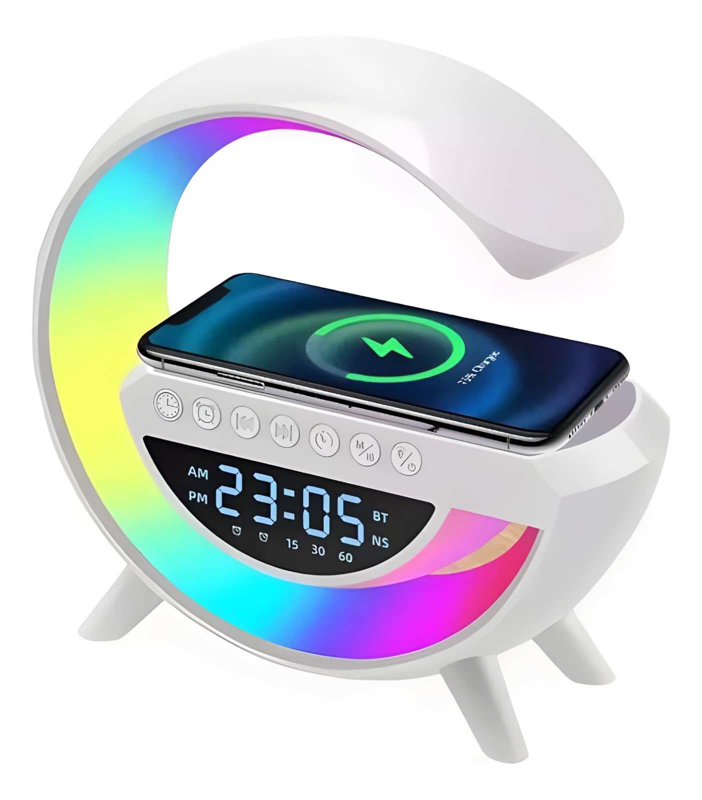 Multi-Function Bluetooth Speaker Lamp with Wireless Charging & Clock Display, RGB Light with 8 Music Sync Modes, Dimmable Night Light Bedside Lamp for Android & iOS.(White)-image-14