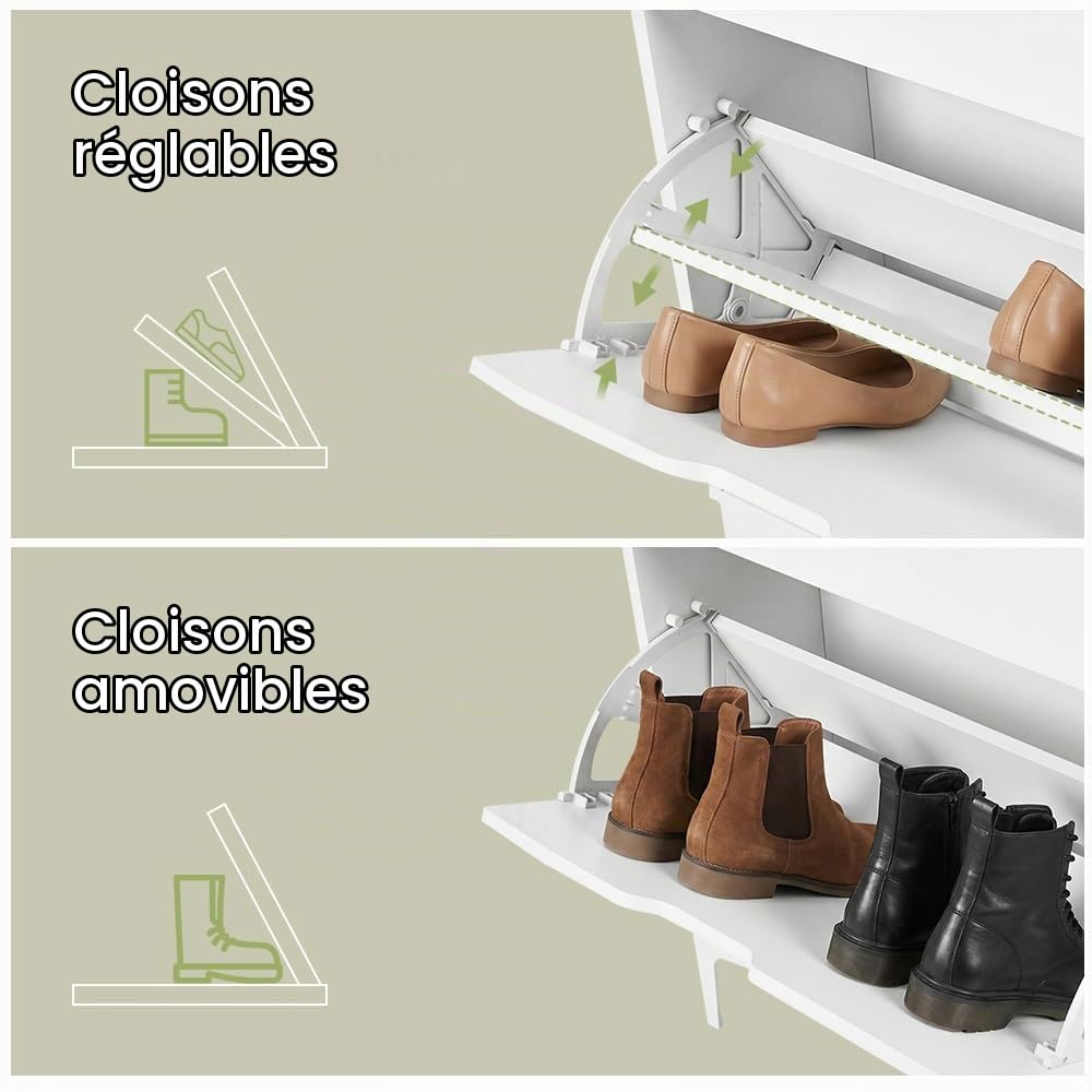 EGGREE Meuble à Chaussures Haute et Étroite avec 3 Portes Rabattables et Compartiment Ouvert, Meuble de Rangement Gain de Place pour Couloir, Appartement, Pièces, Blanc, 60x24x159 cm
