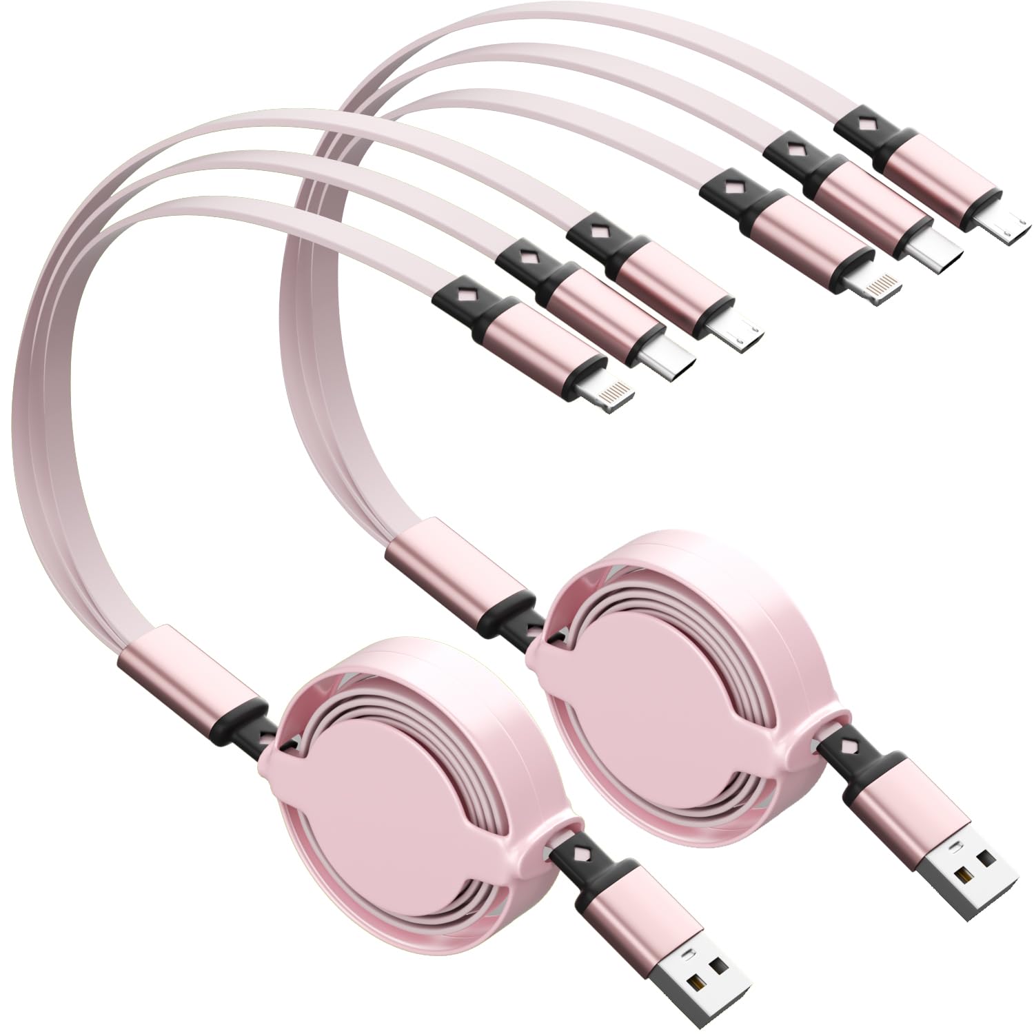 IDISON Multi Charging Cable [2Pack 3.3ft] Retractable Multi Charging Cord 3 in 1 Charger Cable Cord Multi USB Cable with IP/Type C/Micro USB Port for Cell Phones/Samsung Galaxy/PS/Tablets/More, Pink