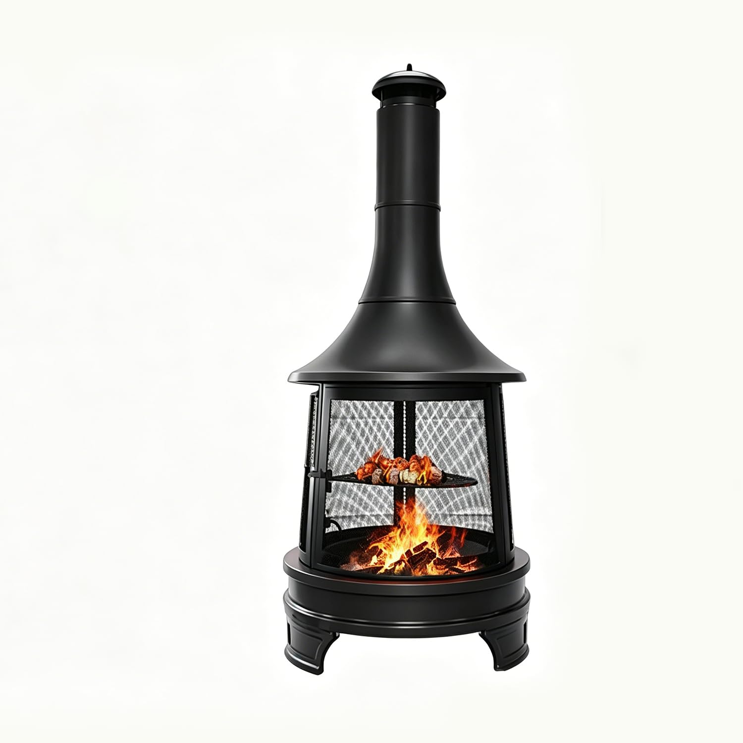 Stalowy kominek ogrodowy typu chiminea – palenisko i ogrzewacz tarasowy na drewno z rusztem do grillowania BlackChimney