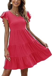 Sundresses for Women Wedding Guest Cute Ruffle Sleeve Mini Tiered Babydoll Casual Beach Black Summer Dresses - Buy now