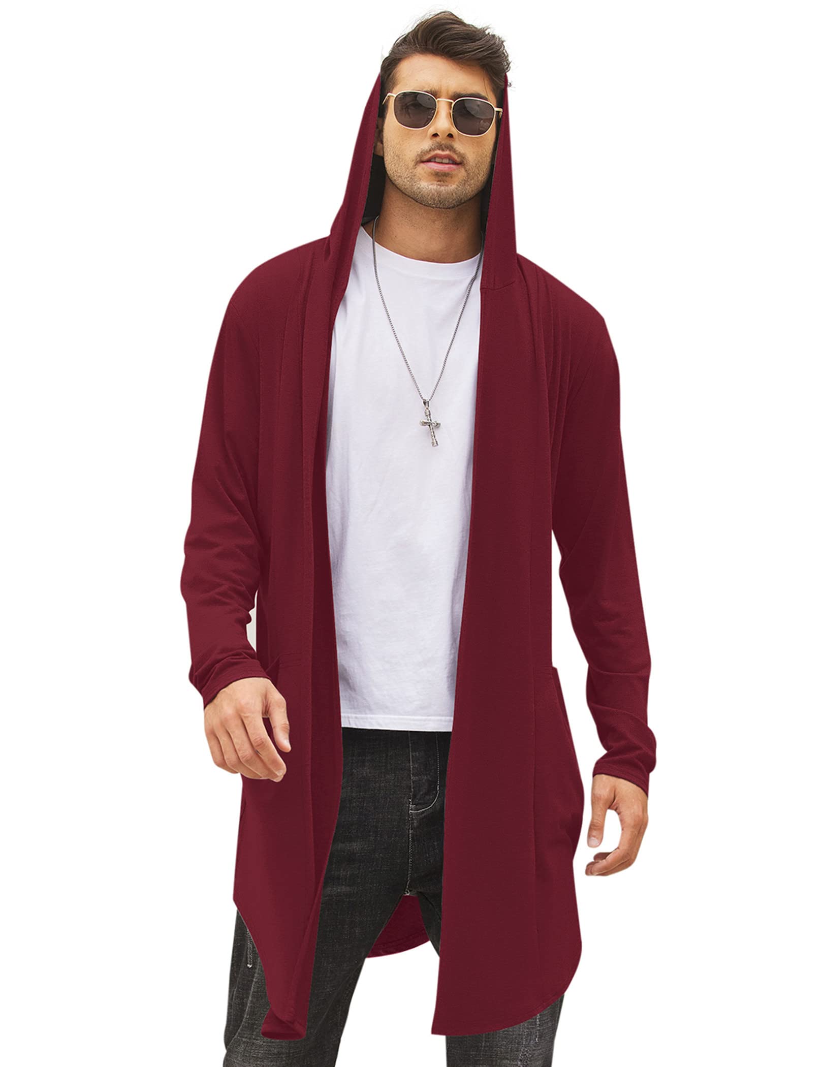 COOFANDYMen's Long Hooded Cardigan Shawl Collar Lightweight Open Front Drape Cape Overcoat with Pockets