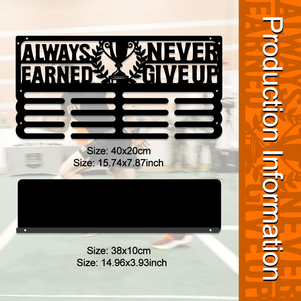 SUPERDANT Always Earned Never Given Trophy and Medal Display Shelf Medal Hanger Holder Displaying 4 Rows Race Medal Display and Medal Hanger with Shelf for Athletes Sports Awards Storage - Image 3