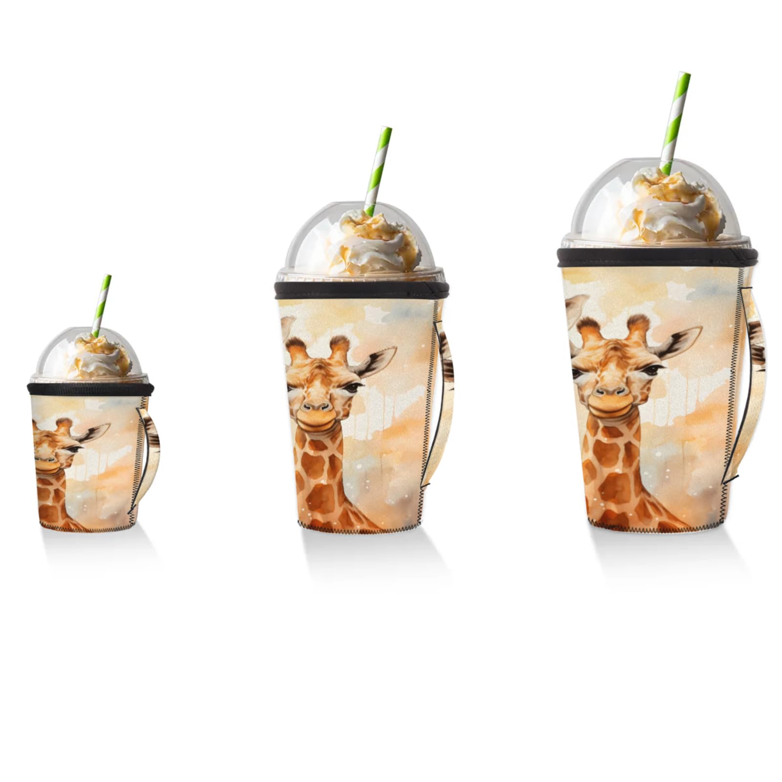 Giraffes Watercolor Reusable Neoprene Coffee Sleeve with Handle Insulated Iced Coffee Cup Holder Reduces Condensation Fits 24-28 oz Cups M